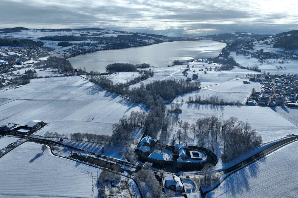 Nach zwei Tagen mit gefrierendem Regen fiel nördlich der Alpen vom 18. auf den 19. Januar Schnee bis in tiefe Lagen. Am 19. Januar präsentierte sich das Schloss Hallwyl in Seengen AG im weissen Winterkleid. (Fotos: Andreas Walker)